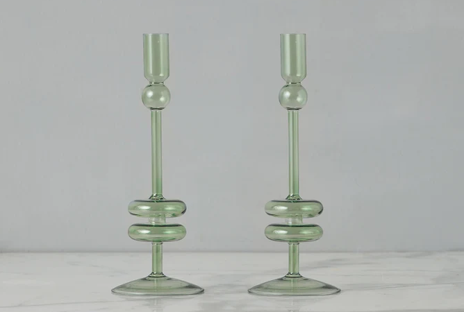 Pair of Sage Glass Candlesticks