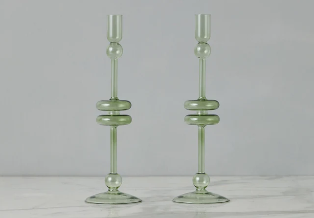 Pair of Sage Glass Candlesticks