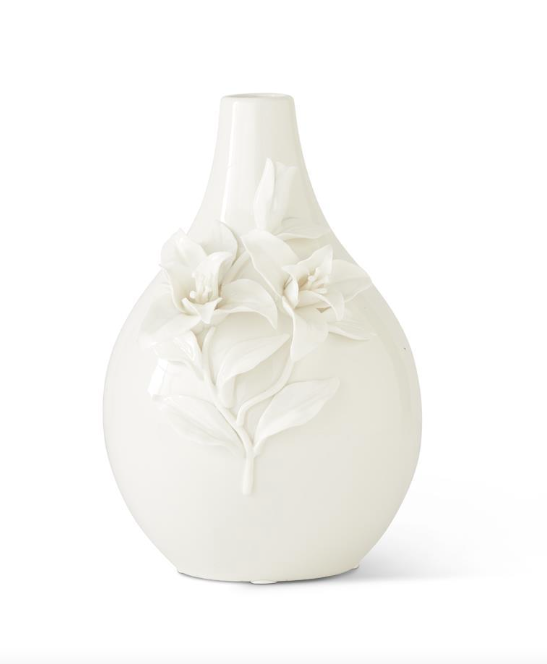 10.5" White Ceramic Handcrafted Lily Bottle Neck Vase