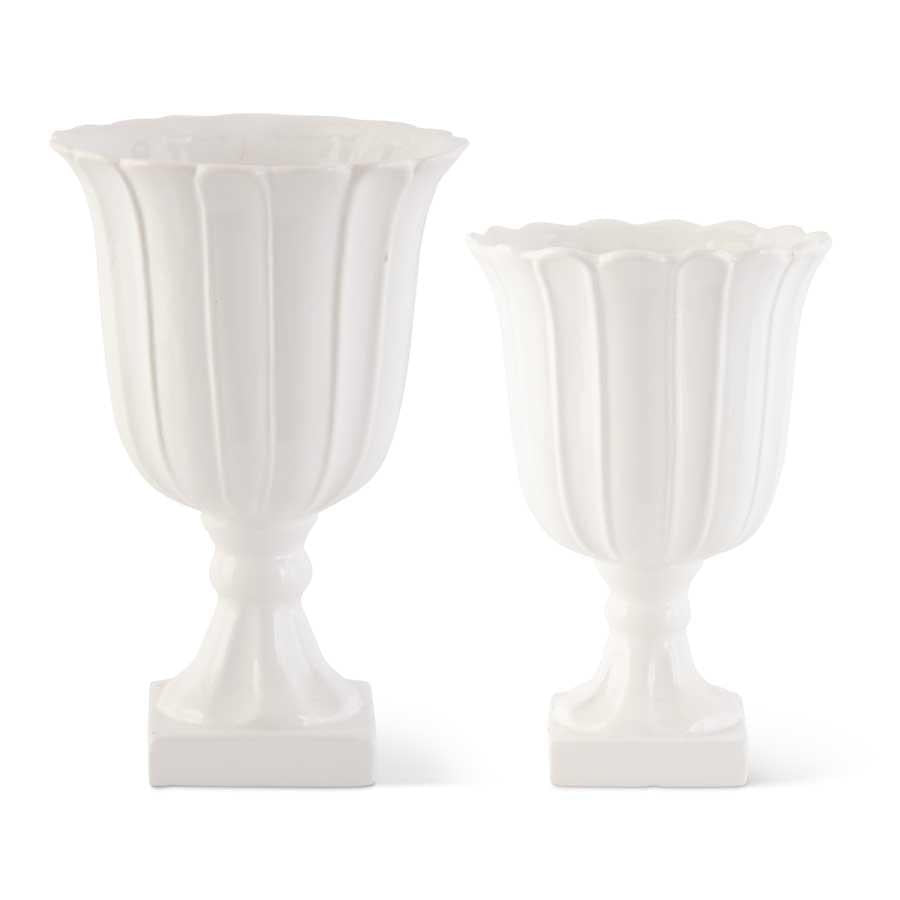 16" White Ribbed Ceramic Vase
