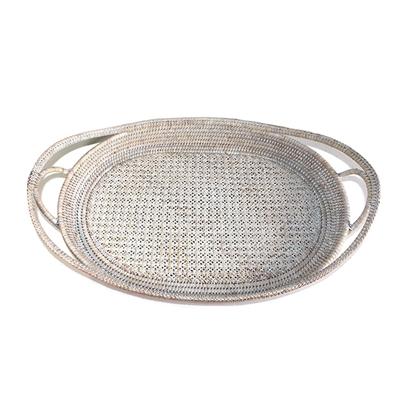 Open Weave Oval Tray with Handles - Whitewash