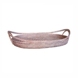 Open Weave Oval Tray with Handles - Whitewash