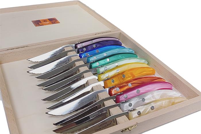 French Vintage Steak Knives with Rainbow Colored Handles.