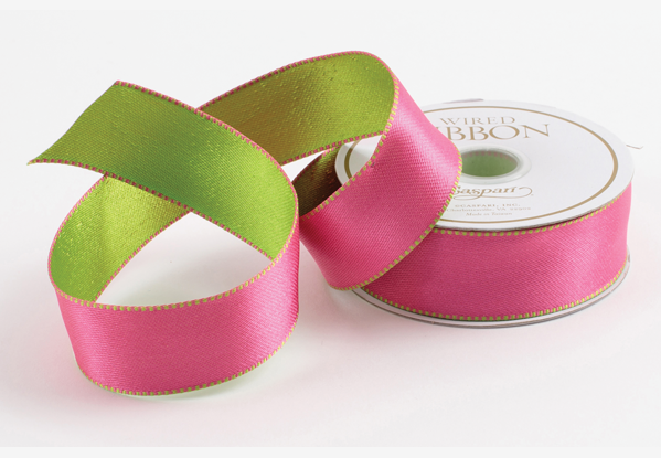 Satin Pink & Green Ribbon - 10 yards