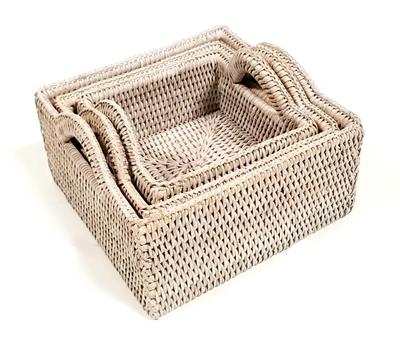 Small Square Basket w/Handles - Whitewash